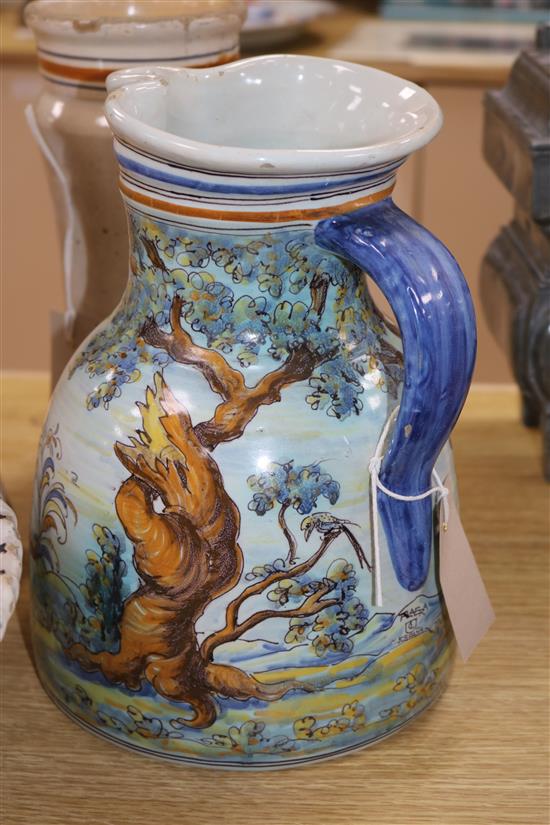 A pair of majolica albarelli, a faience jug and a footed bowl, tallest 27c,